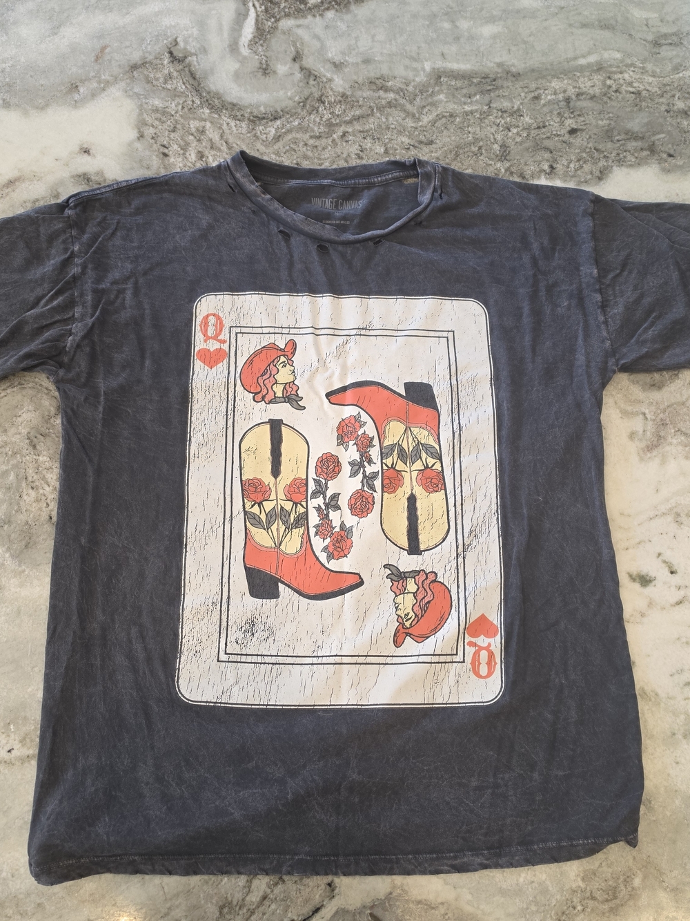 Vintage-Inspired Black Graphic Tee with Red Cowboy Boot Card
